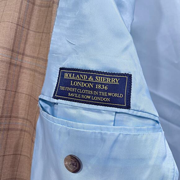 Holland & Sherry Bespoke Peak Lapel Sport Coat Tan Plaid Savile Row Mens 38R - Picture 8 of 8